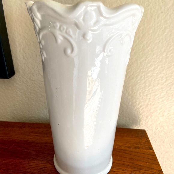 Vintage White Glass Vase Ornate Scrolly Designs